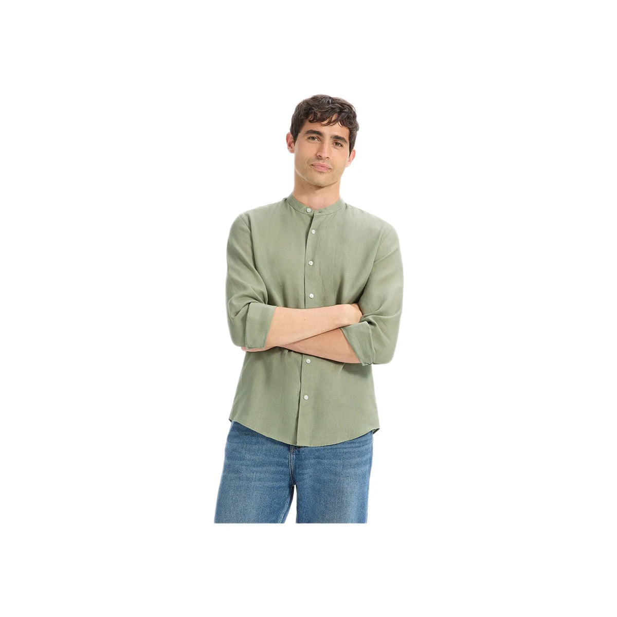 Regular-Fit 100% Linen Mandarin Collar Shirt