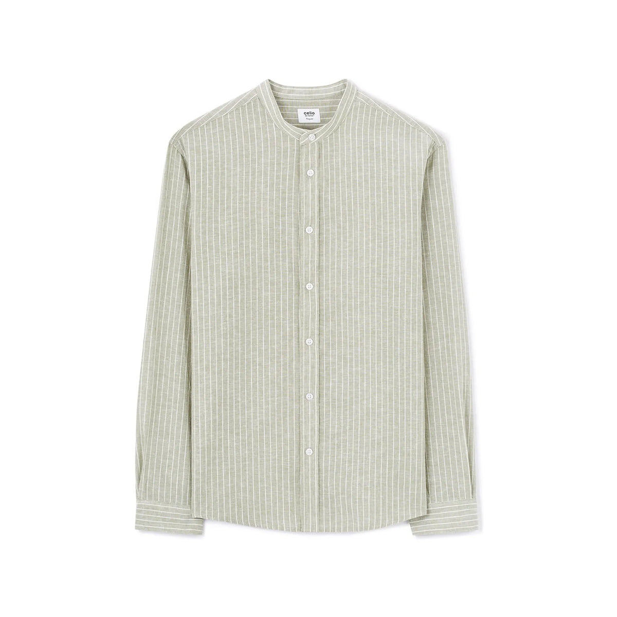 Regular Striped Shirt With Mandarin Collar In Linen And Cotton - Sage