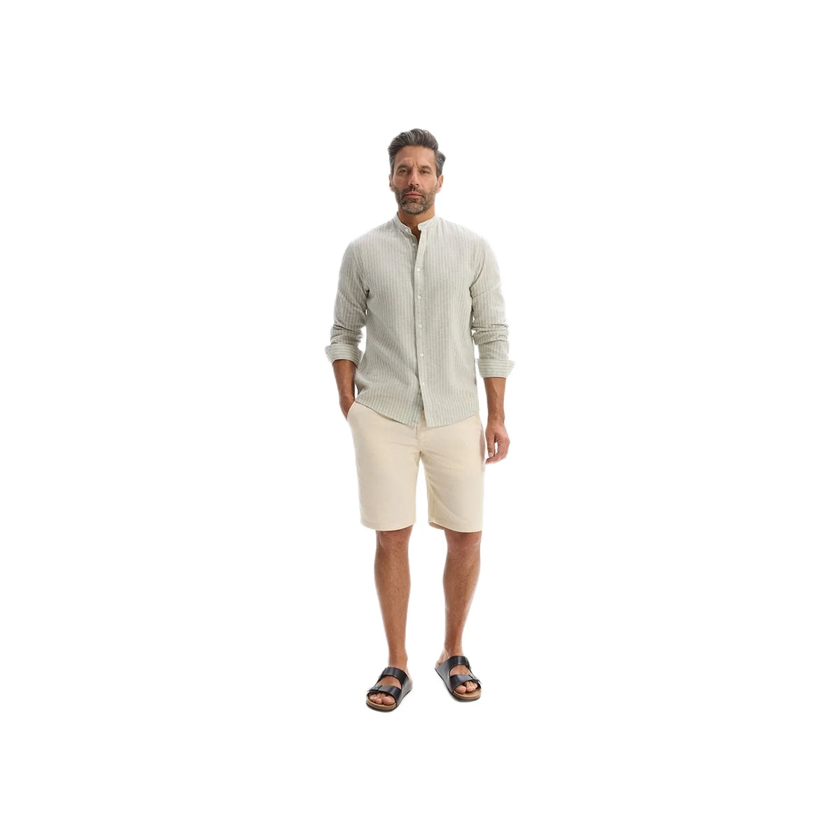 Regular Striped Shirt With Mandarin Collar In Linen And Cotton - Sage