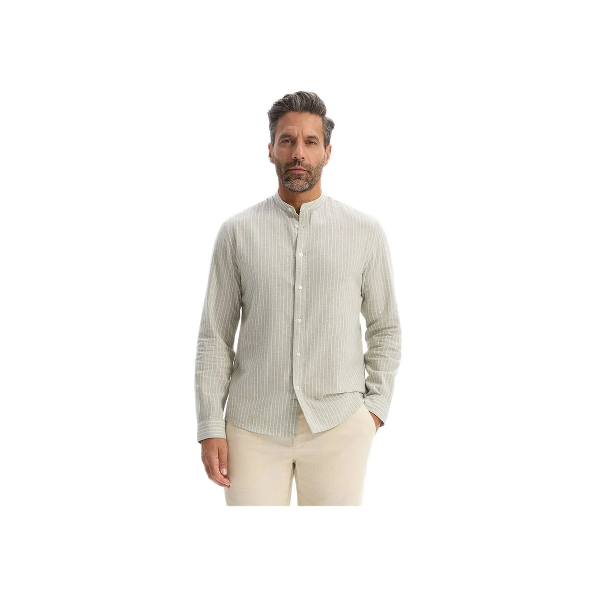 Regular Striped Shirt With Mandarin Collar In Linen And Cotton - Sage