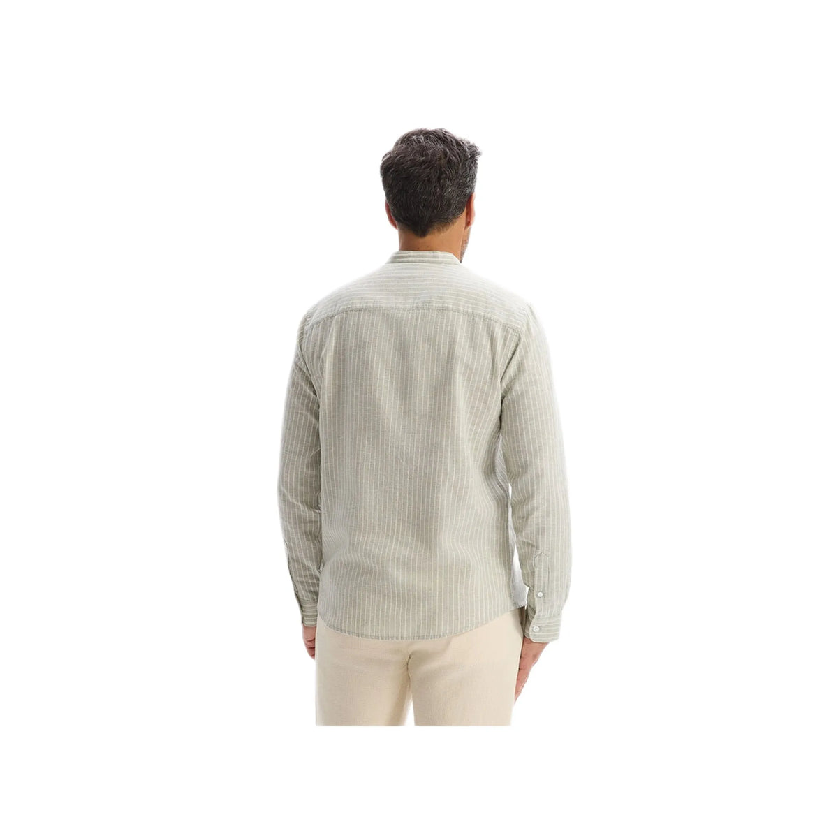Regular Striped Shirt With Mandarin Collar In Linen And Cotton - Sage