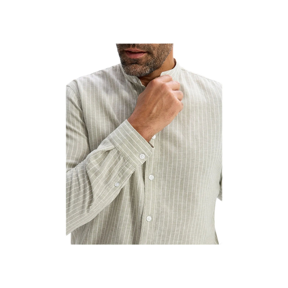 Regular Striped Shirt With Mandarin Collar In Linen And Cotton - Sage