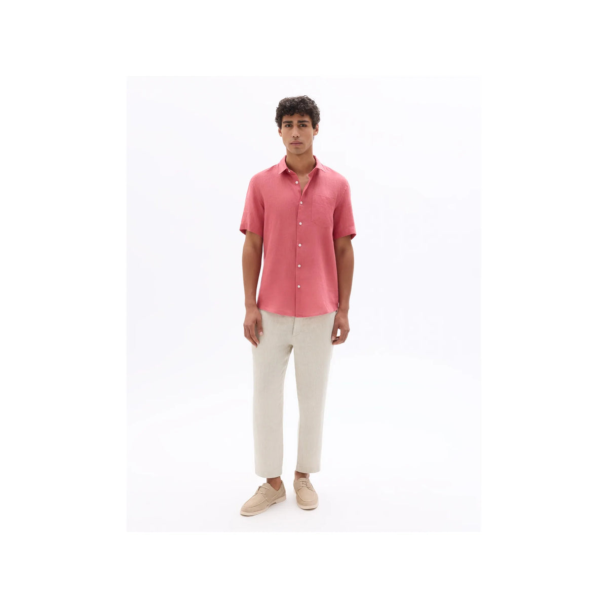 Red 100% Linen Regular Fit Short-Sleeved Shirt
