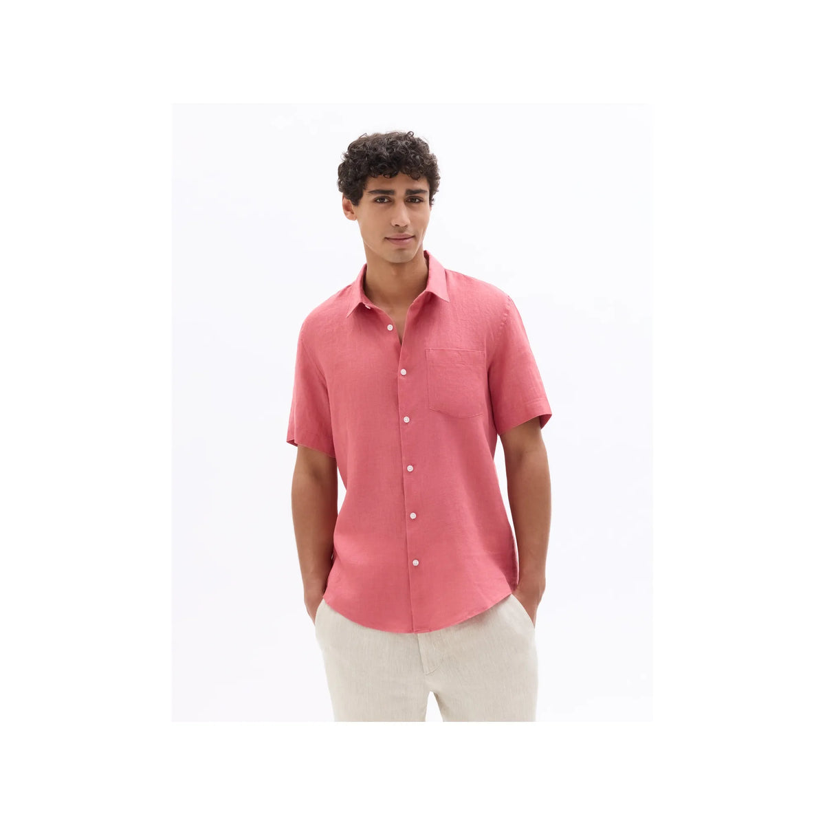 Red 100% Linen Regular Fit Short-Sleeved Shirt