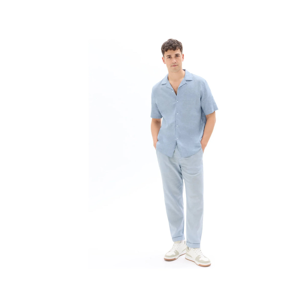 Men'S Regular Fit Plain Linen Cotton Short-Sleeve Shirt