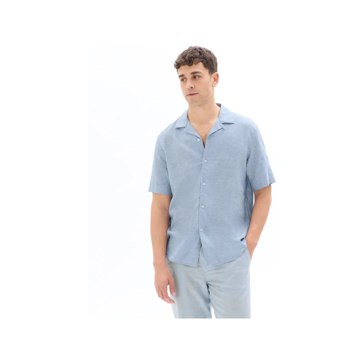 Men'S Regular Fit Plain Linen Cotton Short-Sleeve Shirt