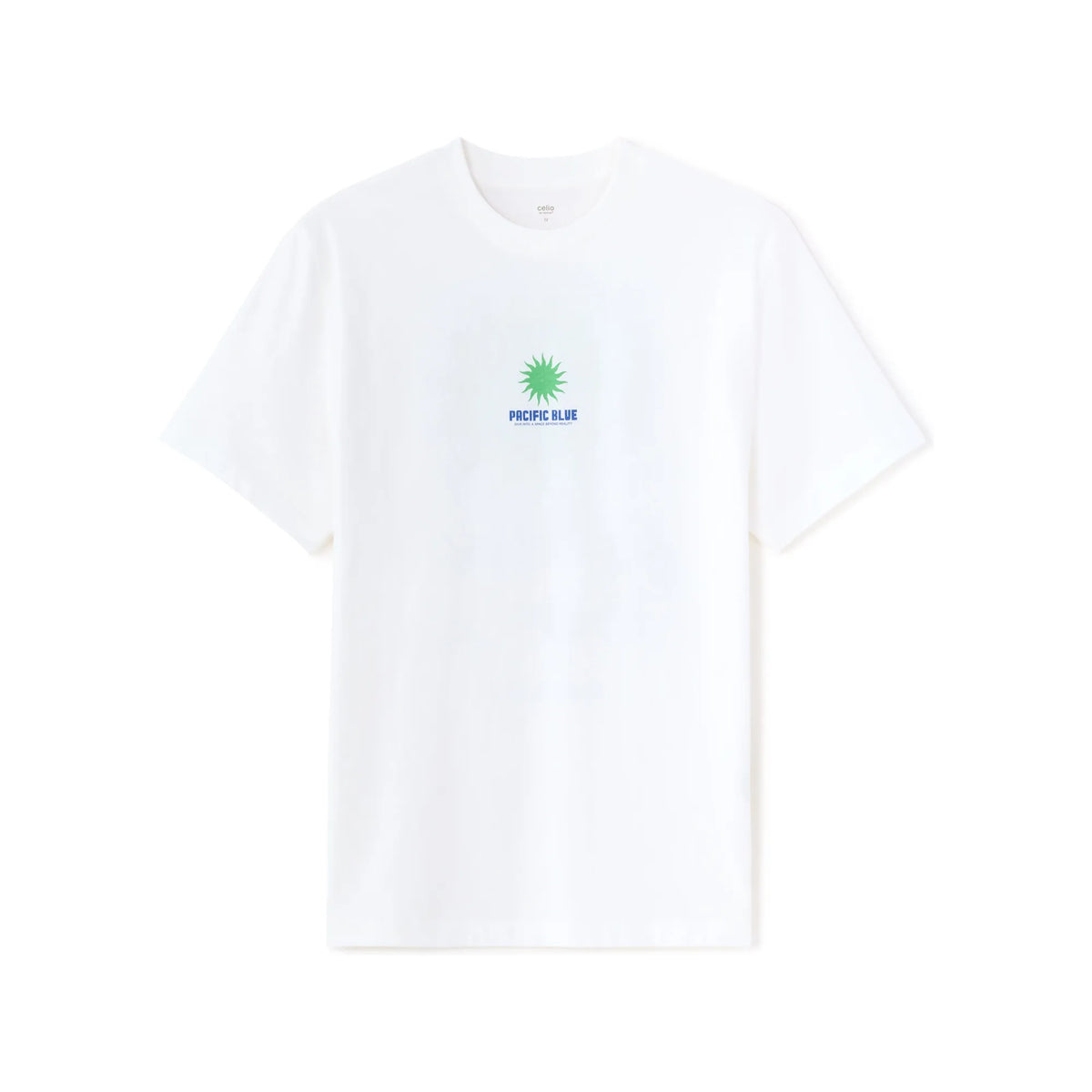 White Boxy Crew Neck 100% Cotton T-Shirt With Pacific Blue Print