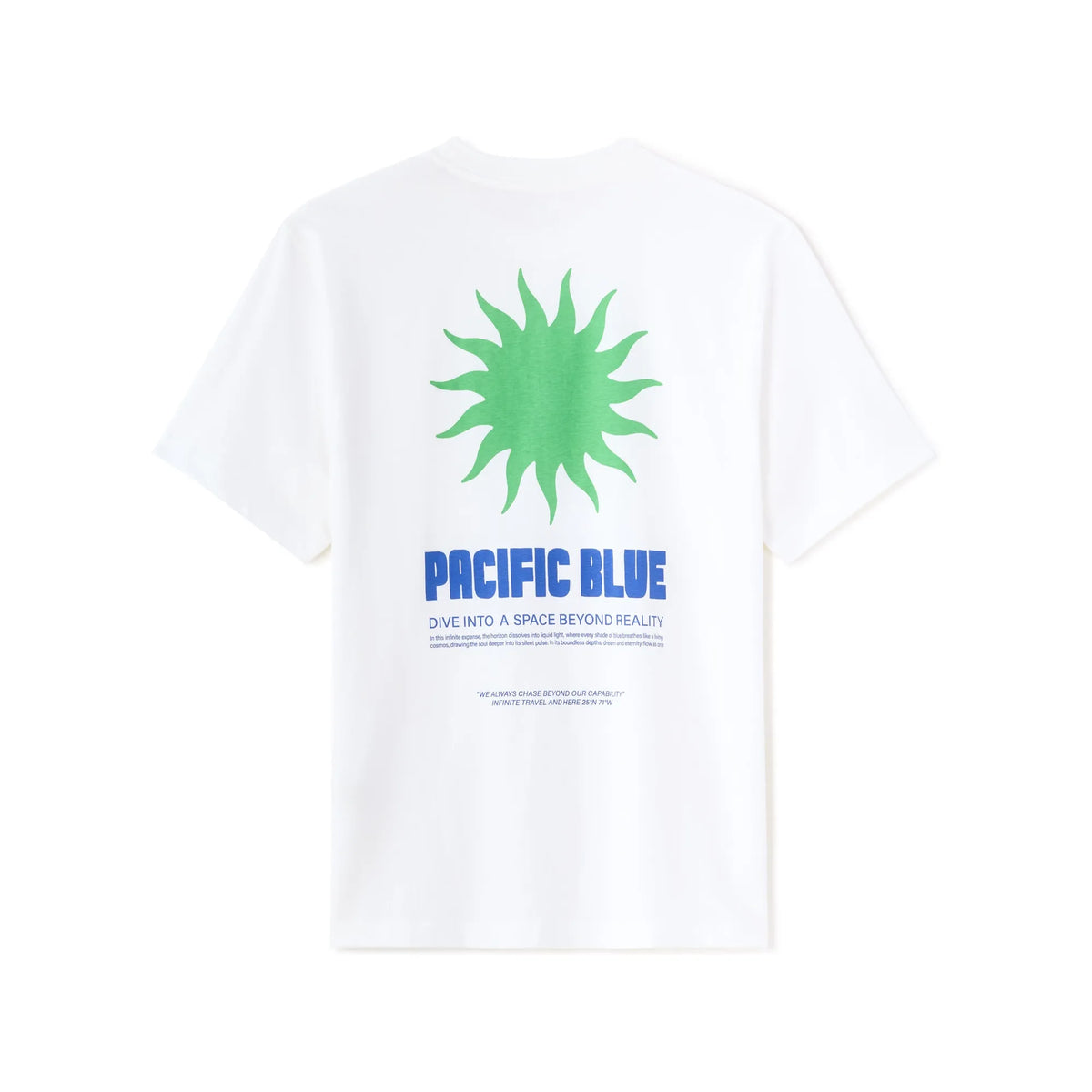 White Boxy Crew Neck 100% Cotton T-Shirt With Pacific Blue Print