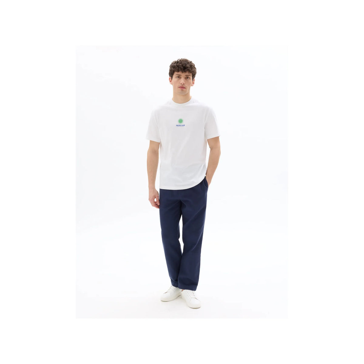 White Boxy Crew Neck 100% Cotton T-Shirt With Pacific Blue Print