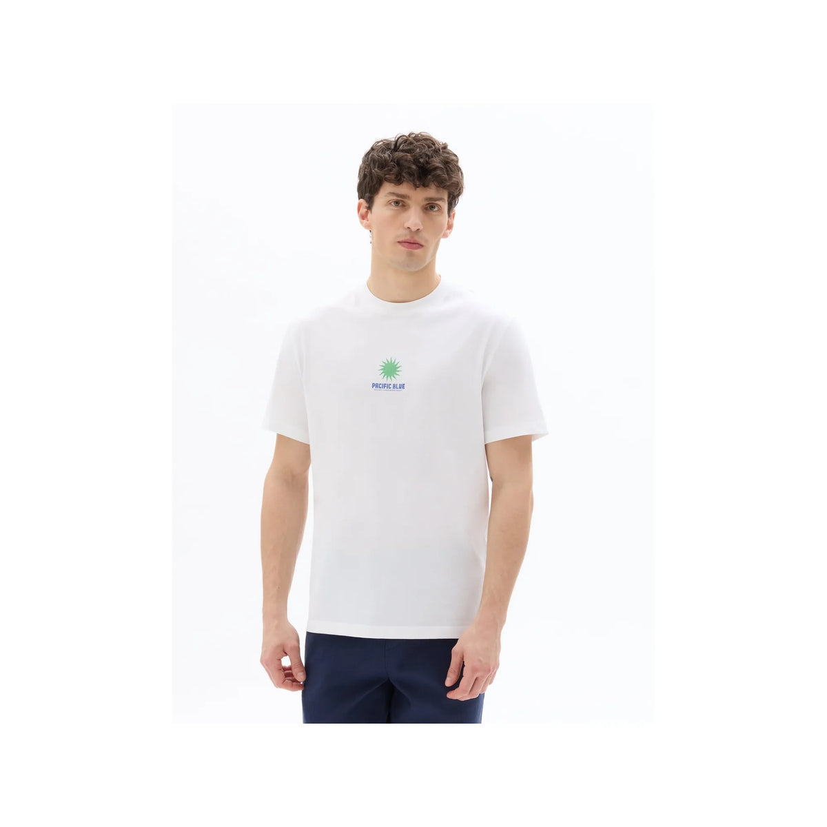 White Boxy Crew Neck 100% Cotton T-Shirt With Pacific Blue Print
