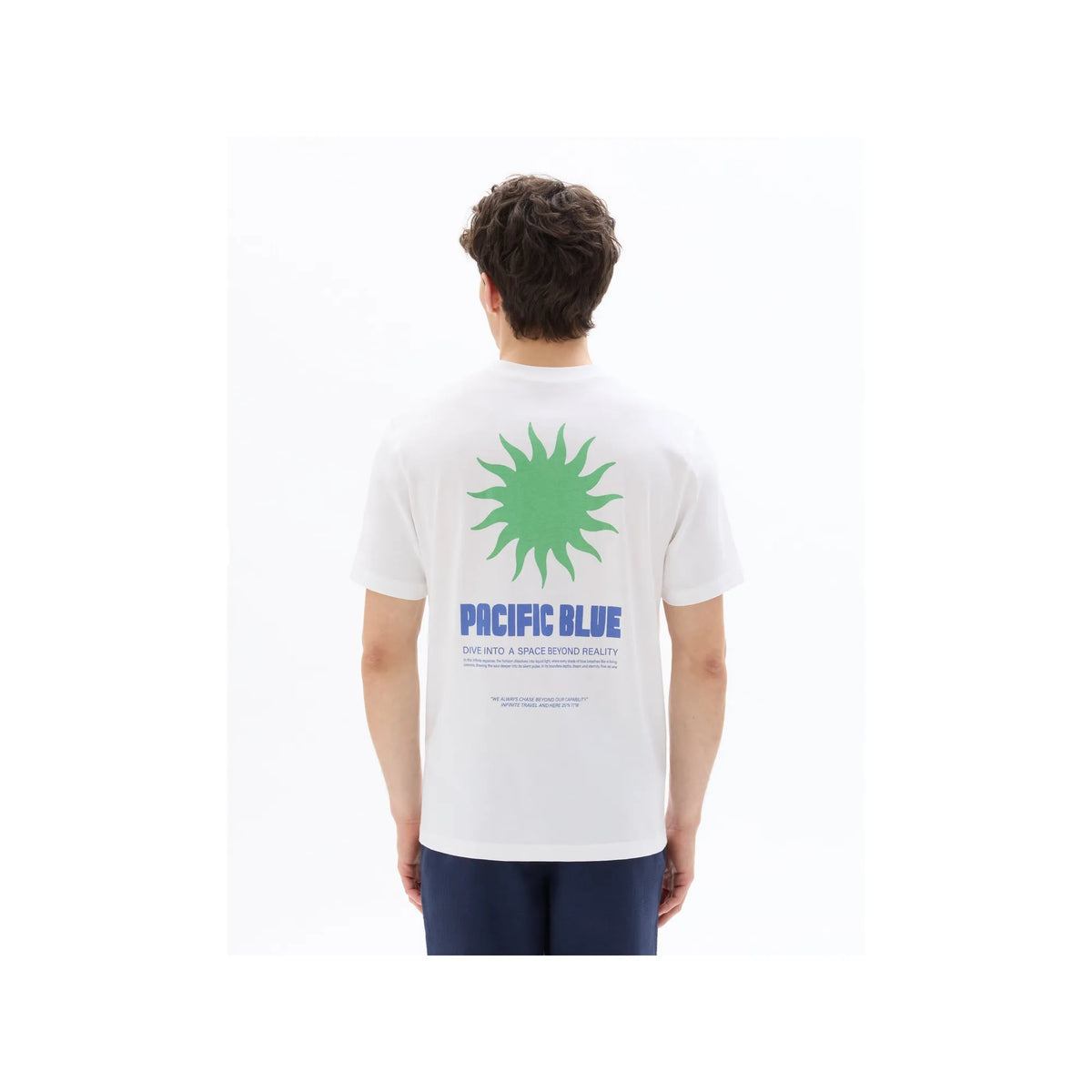 White Boxy Crew Neck 100% Cotton T-Shirt With Pacific Blue Print