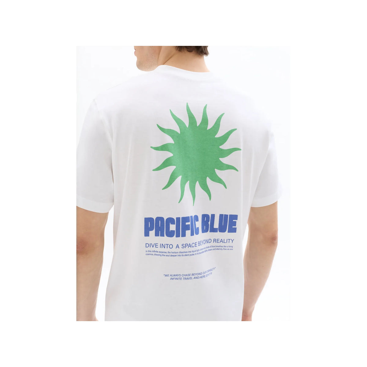 White Boxy Crew Neck 100% Cotton T-Shirt With Pacific Blue Print