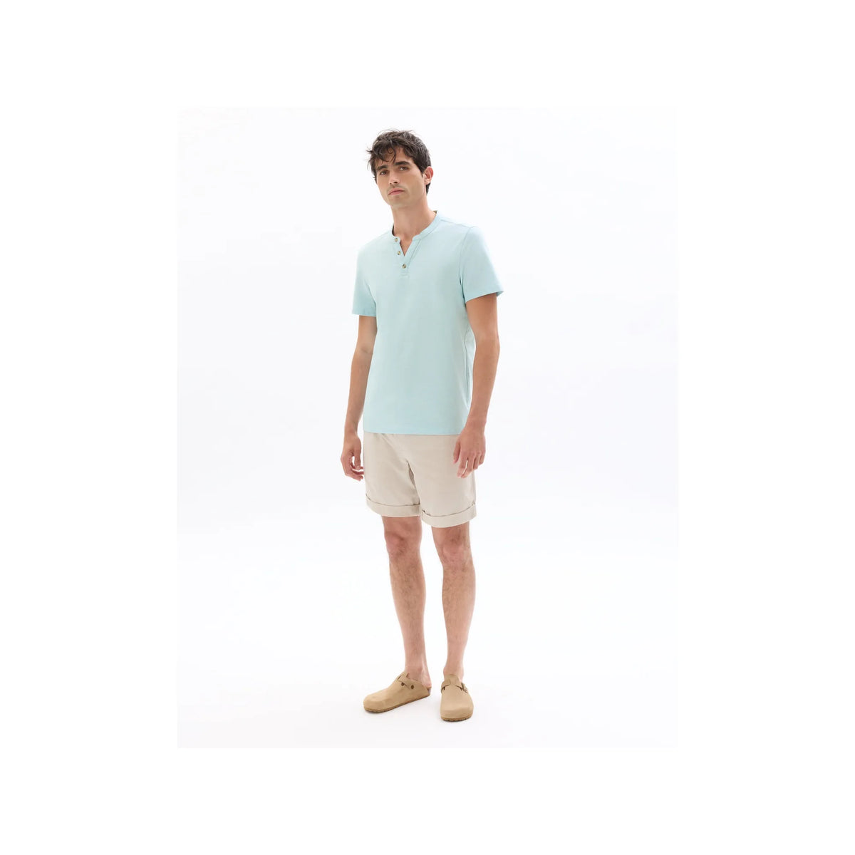 Regular Fit Henley T-Shirt<Br>Cotton Blend<Br>Light Blue