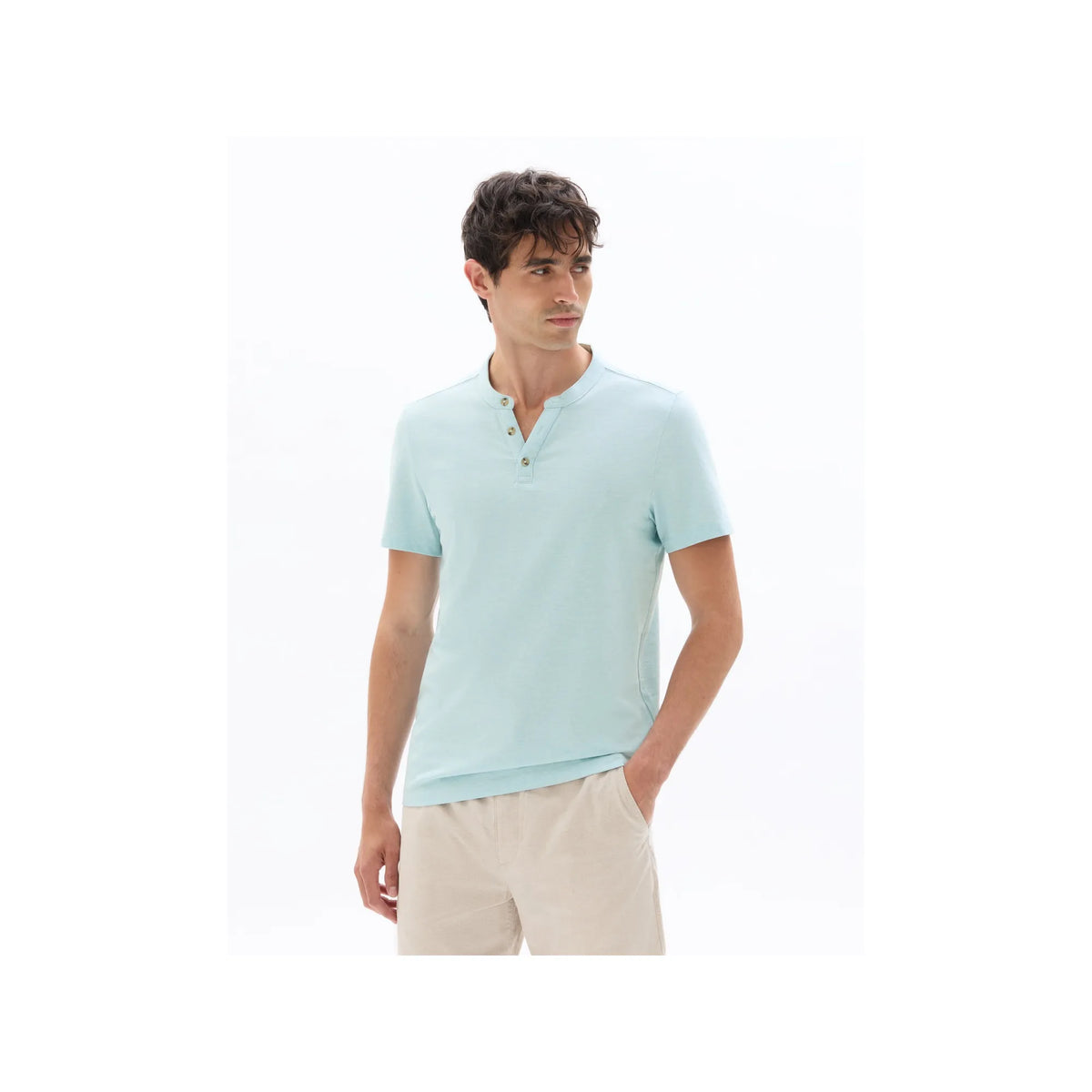 Regular Fit Henley T-Shirt<Br>Cotton Blend<Br>Light Blue