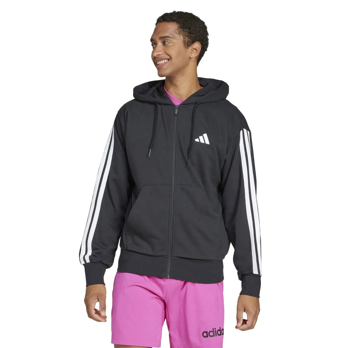 سترة Essentials 3-Stripes French Terry بسحاب كامل وغطاء للرأس