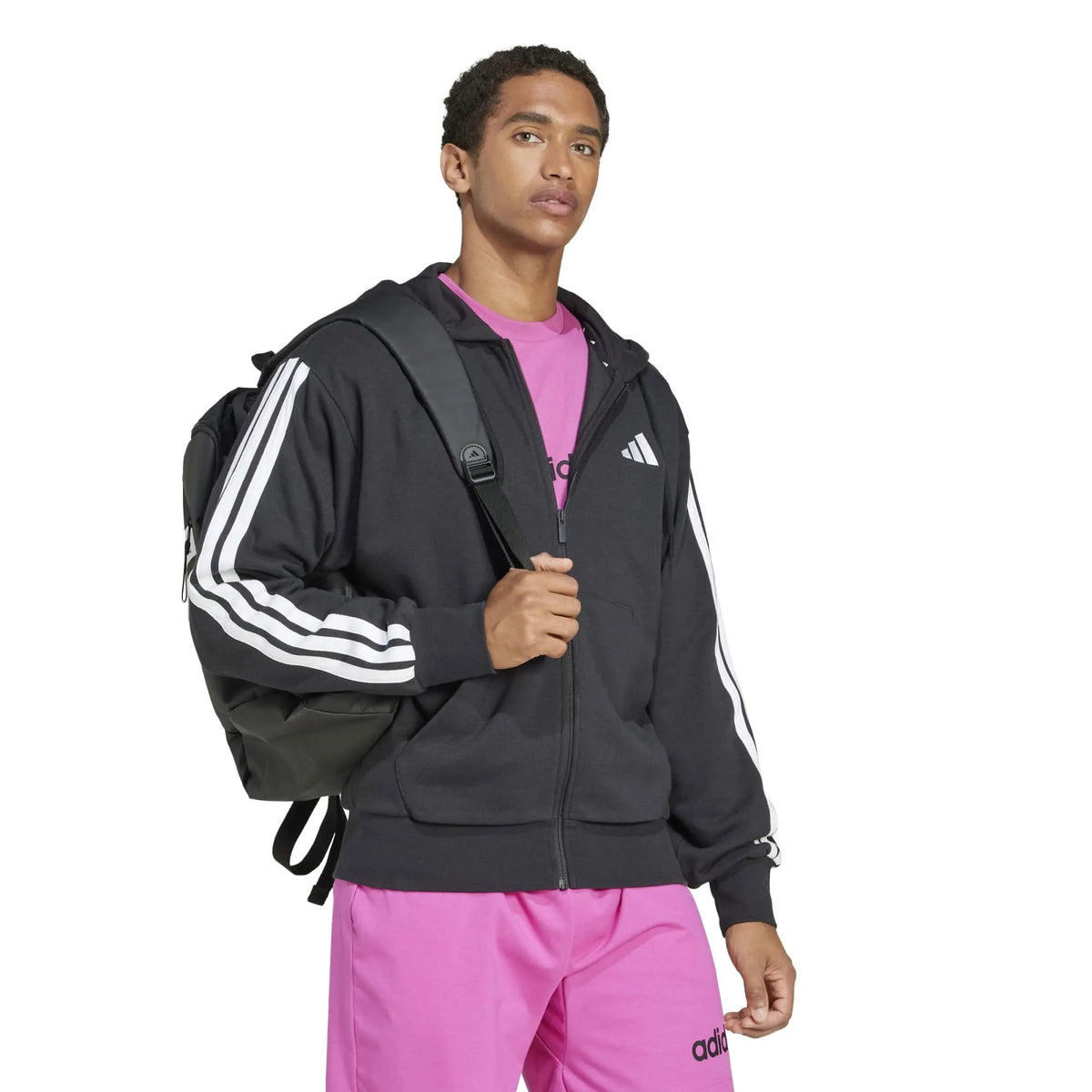 سترة Essentials 3-Stripes French Terry بسحاب كامل وغطاء للرأس