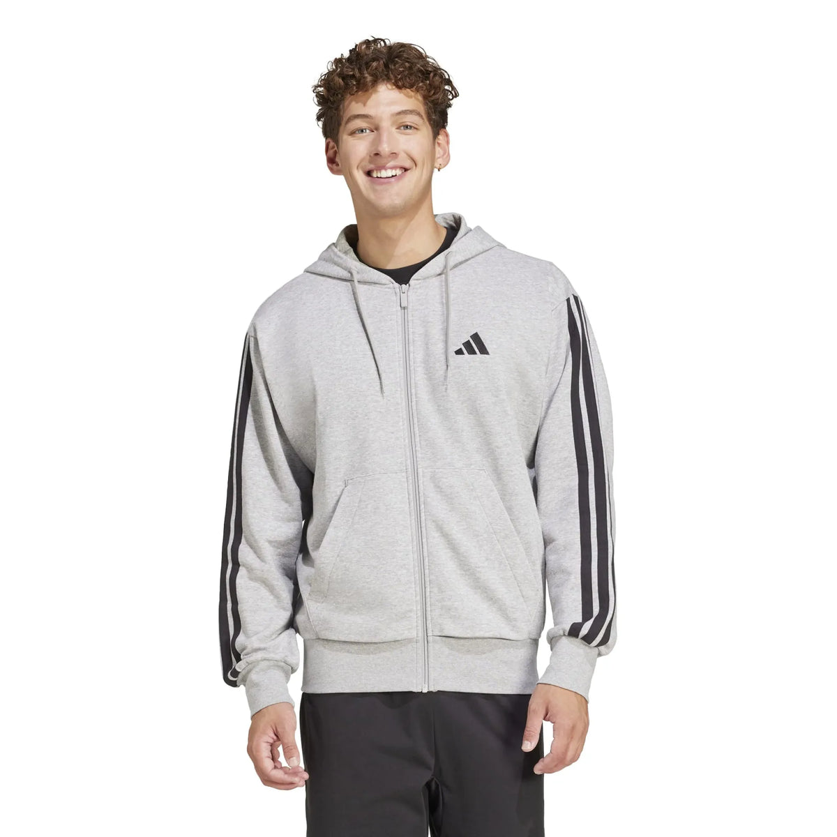 سترة Essentials 3-Stripes French Terry بسحاب كامل وغطاء للرأس
